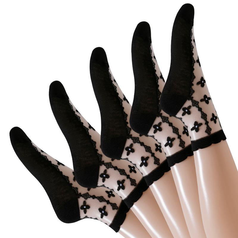 

Жіночі літні мереживні мереживні бавовняні підошви зносостійкі дихаючі нековзні середньої довжини кришталеві шовкові шкарпетки 1 pair