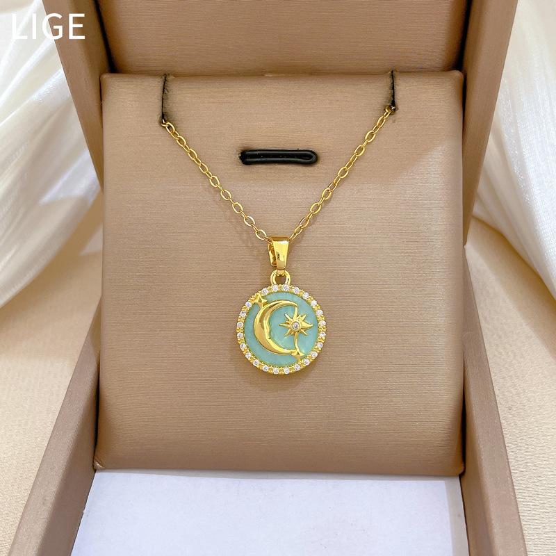 Titanium Steel, Round Star Moon Light Luxury Temperament Gorgeous Full Diamond Necklace Women'S Versatile Collarbone Chain Titanium Steel Chain
