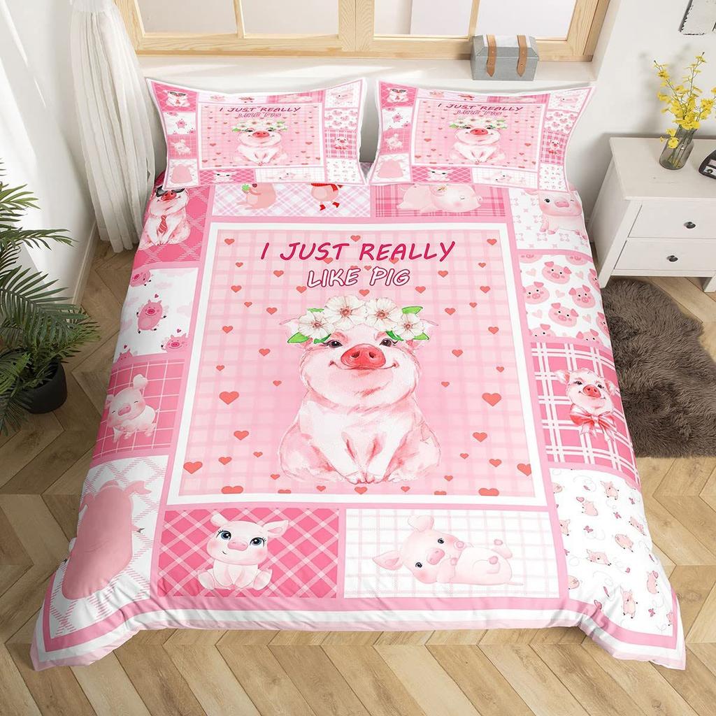 Cartoon Pink Pig Bedding Three-Piece Quilt Cover