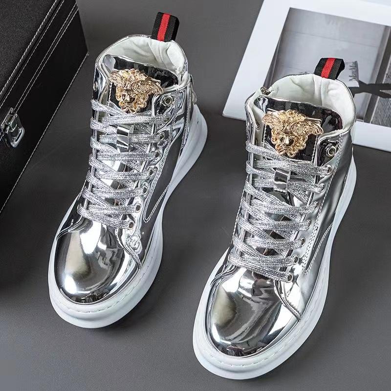 

Fashion Y2k Boots For Men Shine Leather Metal Decoration High Top Boot Luxury Shoes Hairstylist Casual Male Sneakers botines 45 Fit 275 MM
