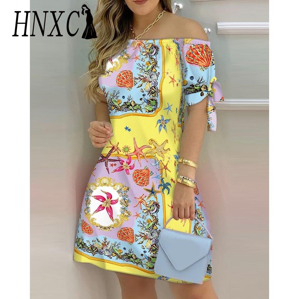 HNXC Women Fashion Off Shoulder Dress Short Sleeve Bow Tie Print Dresses Summer Beach Dresses Plus Size