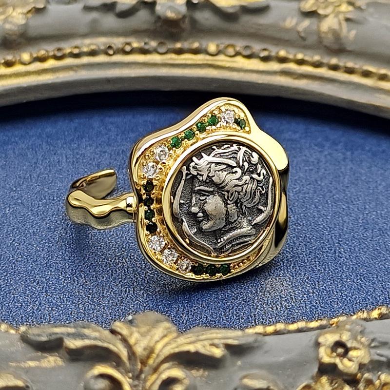 

Simple and retro new antique coin ring for female niche, light luxury fairy antique coin ring Zircon wholesale resizable