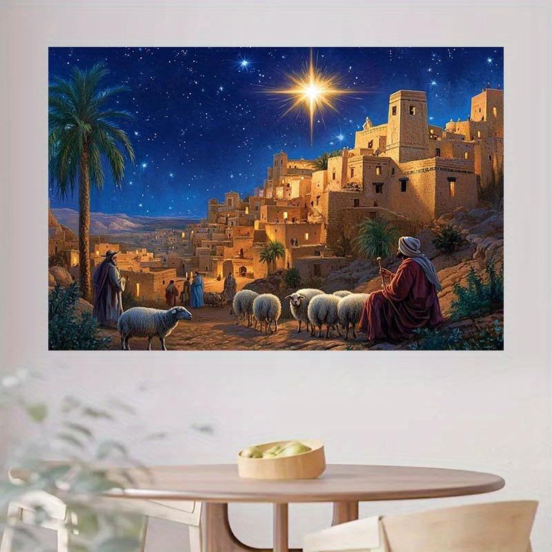 Bethlehem Christmas scene Background - Starry night  shepherd  sheep and rural architecture theme - Artisan  polyester