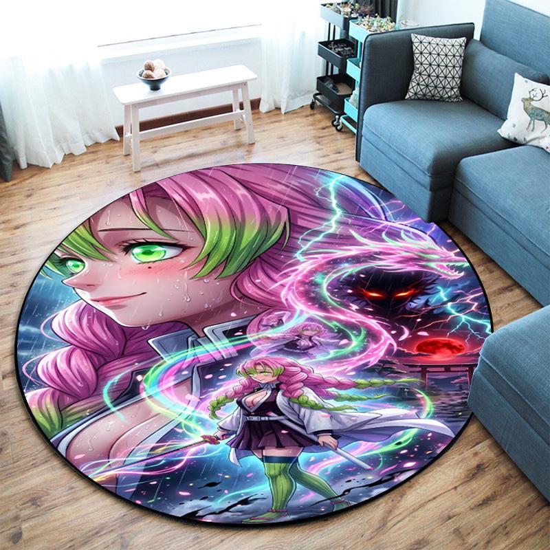 Classic Japanese-style Cartoon Demon Slayer Round Rug, Home Soft Decorative Anti-slip Yoga Mat and Chair Mat, Outdoor Floor Mat Carpet K27