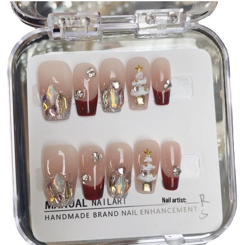 Handmade Christmas Tree Nail Art Tips with Blushing Diamond and Super Flash Finish