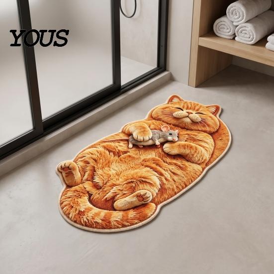 Warm Decorative Floor Pad Sleeping Cat Entrance Rug, Cozy Plush Door Mat, Cute Kitten Small Mat Absorbent Area Rug for Entryway Bedside Bedroom