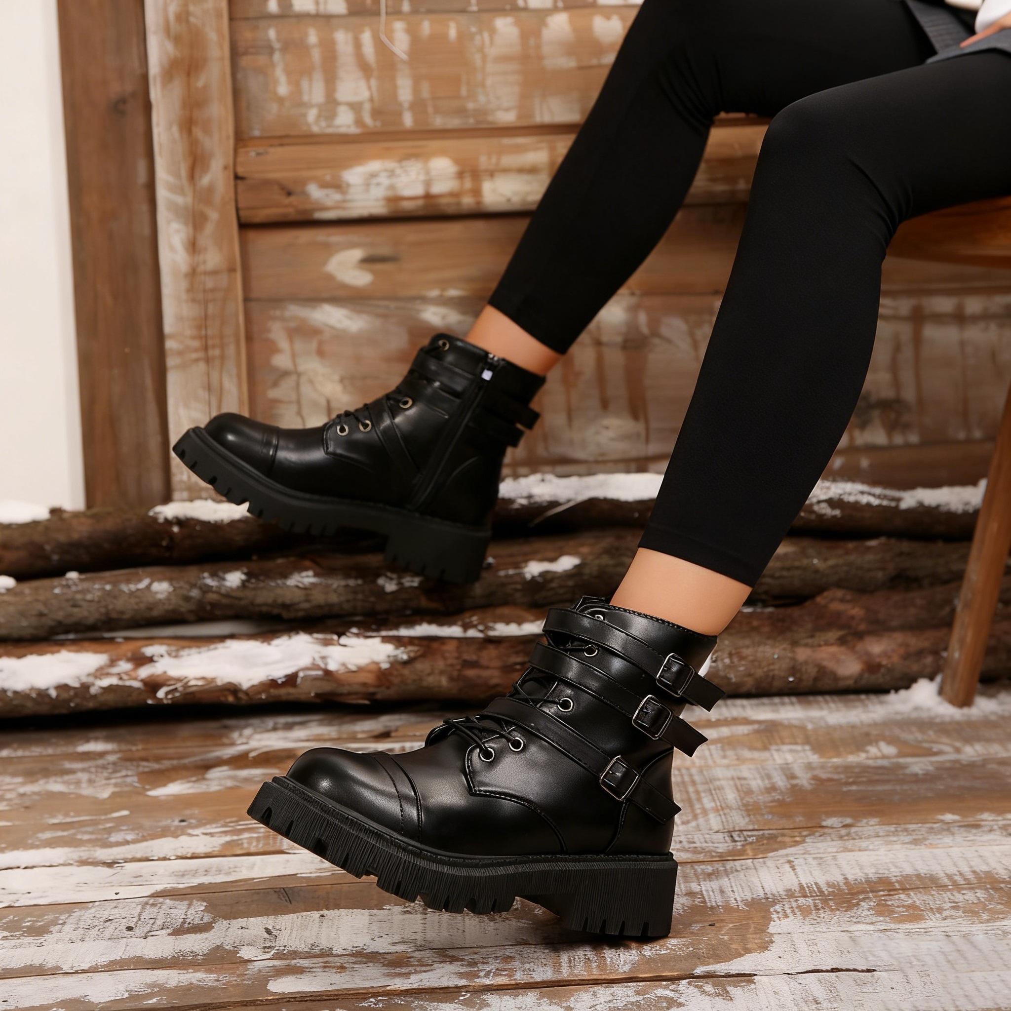 Women s Fashion Round-Toe Laced Leather Belt Buckle Riding Boots 35 чёрный