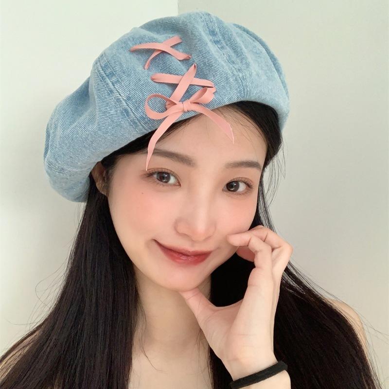 Sweet And Rich~ Denim Bow Beret Women'S Spring And Summer Thin Breathable Retro Versatile Octagonal Hat Tide