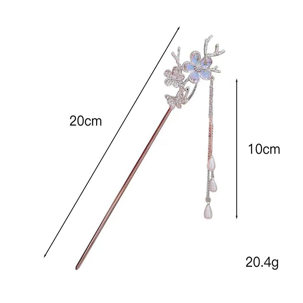 Woman Elegant Hair Jewelry Shiny Rhinestone Flower Butterfly Headpiece Pearls Pendant Hair Pin Silver Color Alloy Hair Sticks