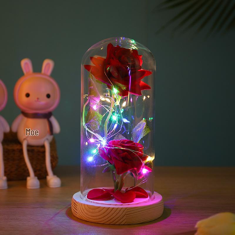 Glaskuppel Rose mit Lichtern - Kreatives Geschenk zum Frauentag und Nachtlicht-Ornament
