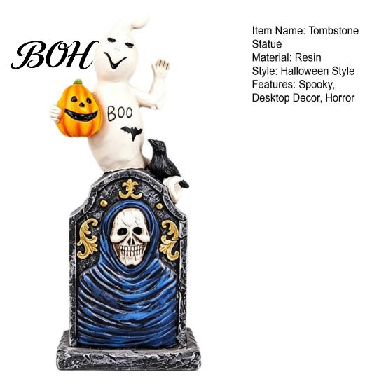 Compact Window Display Items Halloween Tombstone Figurine, Resin Ghost Pumpkin Crow on Retro Haunted House Props Statue for Desktop Holiday