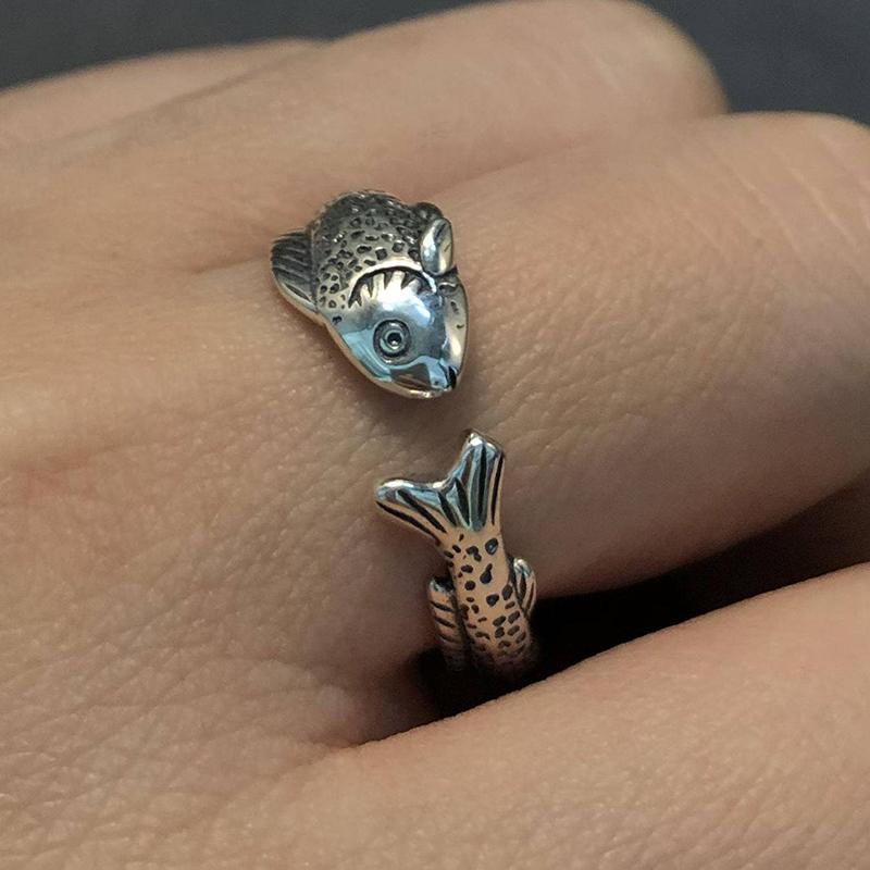 Niche Simple Fish Shaped Ring Distressed Gold Vintage Adjustable Ring Silver Alloy Retro Open Ring Unisex