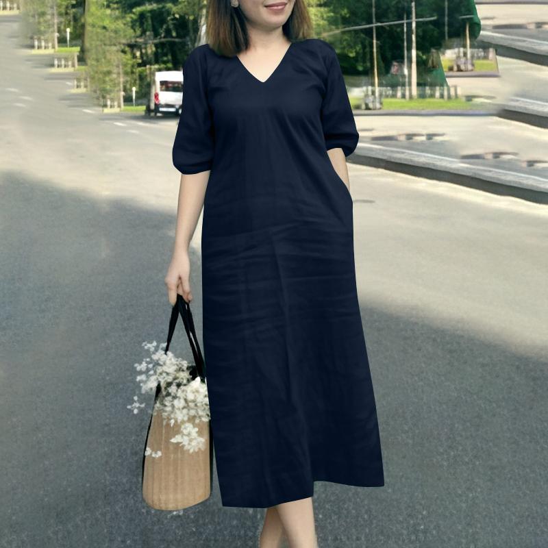 

ZANZEA Женское летнее платье свободного покроя с V-образным вырезом и коротким рукавом 5XL темно-синий