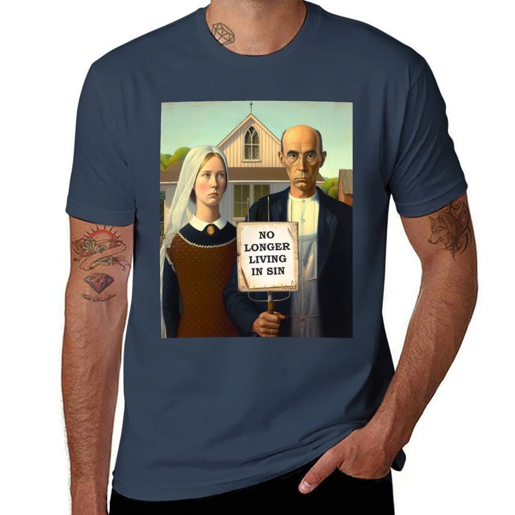 American Gothic Grant Wood Painting Famous Art Parody Tshirt Basic Solid Color Casual Tee Shirt