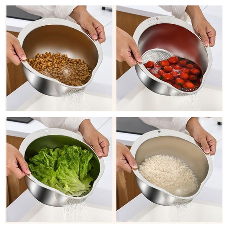 Easy To Store Rice Washing And Draining Tool Multipurpose Stainless Steel Strainer Bowl for Rice and Vegetable Draining