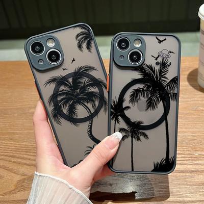 Luxury Coconut Tree Pattern Magnetic Phone Cover For iPhone 15 Pro Max 14 13 12 Mini 11 8 7 Samsung S23 S22 Ultra S21 FE Matte Bumper Case