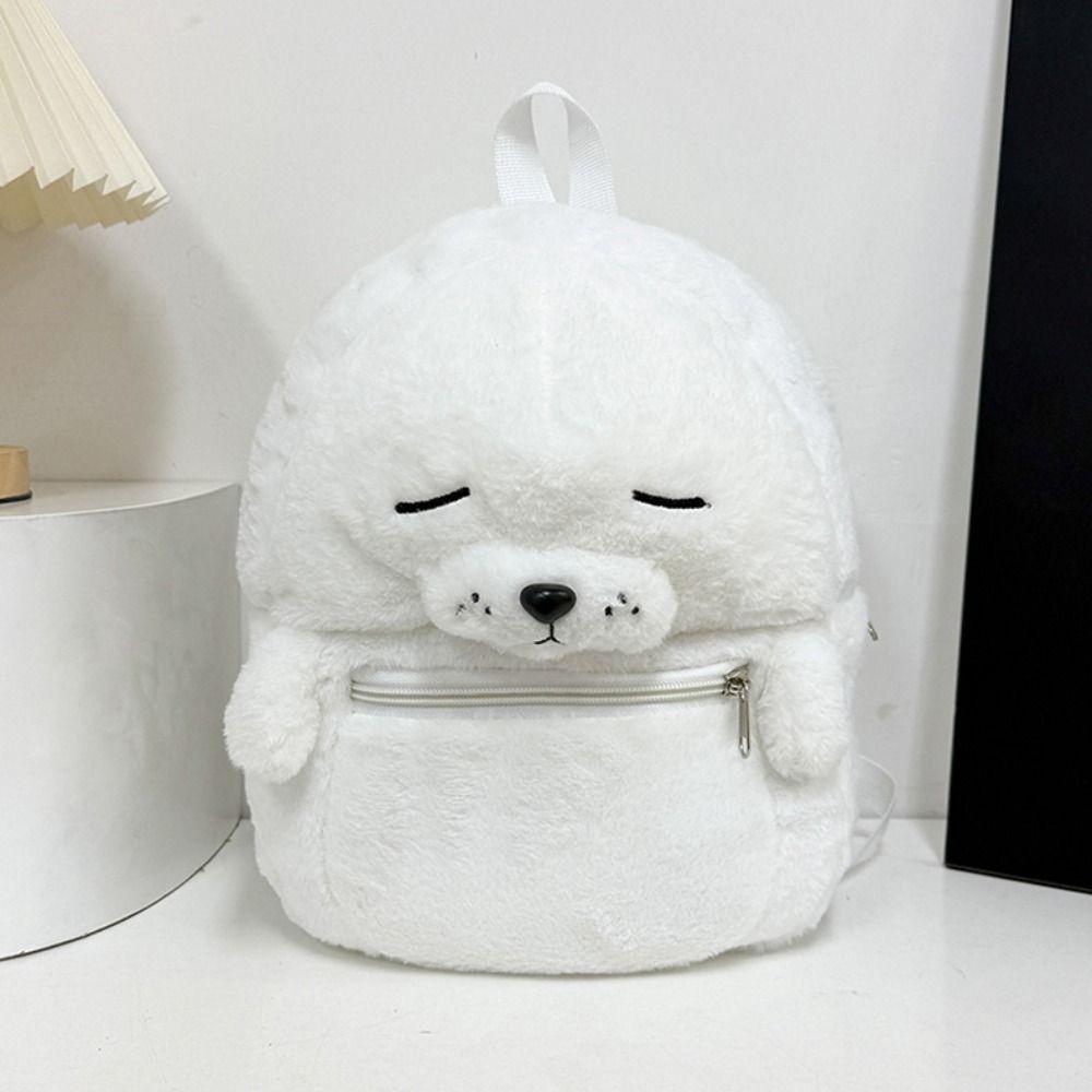Cartoon Cute Seal Backpack Solid Color Simple Fluffy Seal Schoolbag Versatile Lightweight Shoulder Bag Women Girl Accessories
