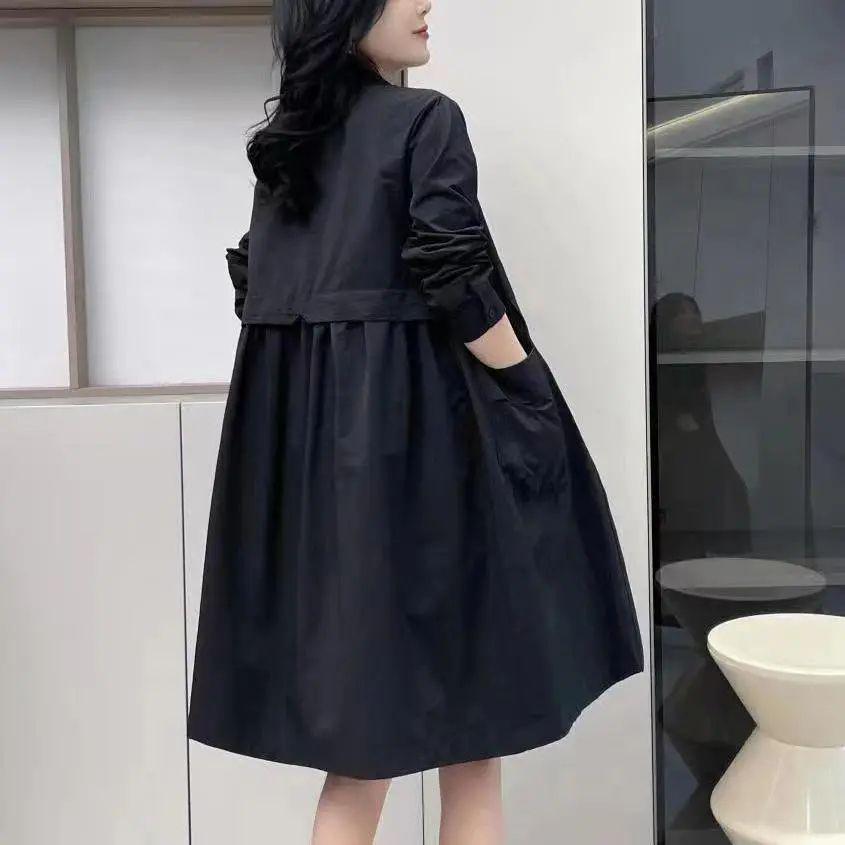 Solid Color Mid-Length Trench Coat - Spring/Autumn Korean Fashion Loose Fit Outerwear