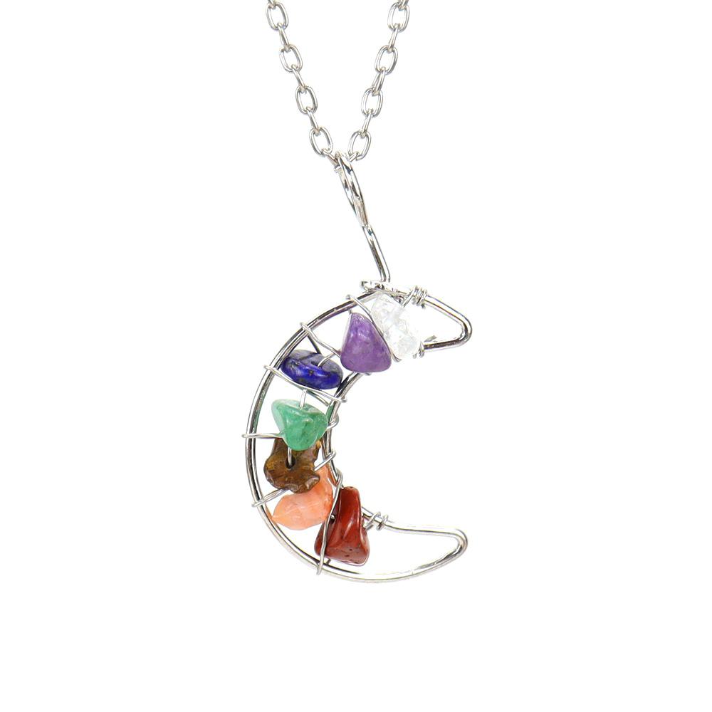 

Silver Hand-Wound Colorful Gravel Bead Crystal Amethyst Moon Pendant Necklace N130