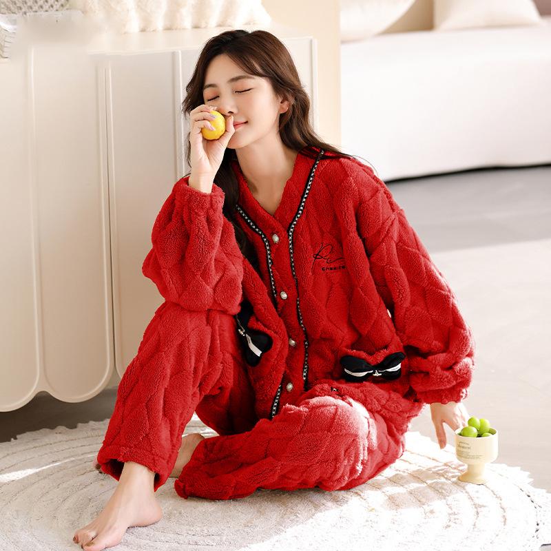 Pajama Women's Autumn/Winter Coral Velvet Set New Women's Flannel and Fleece Thickened Warm Home Wear