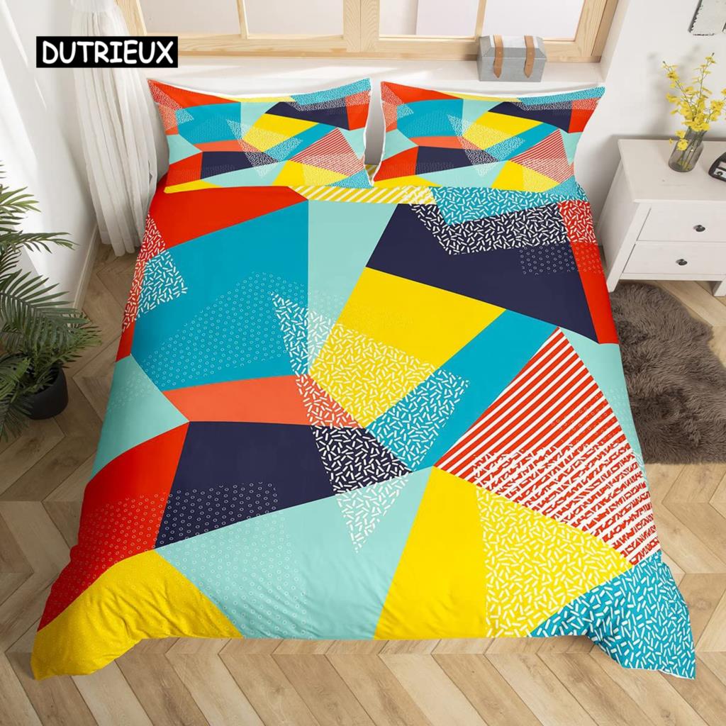 Set Husă Plapumă Geometrie King Albastru Alb Negru Triunghiuri Dungat Set Lenjerie de Pat Poliester Vintage Desenat Manual Dungă Groasă Husă Plapumă