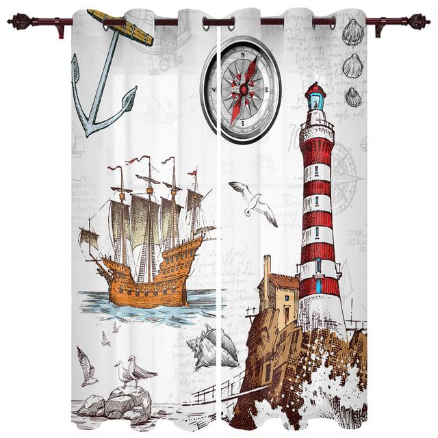 Lighthouse Island Perdele de fereastră vintage acuarelă pentru sufragerie Perdele pentru dormitor modern de lux Cafea Draperii pentru sufragerie