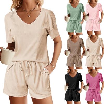 Women's T Shirt Tee Shorts Sets Casual V Neck Regular Fit Summer Dressy Casual Solid Color Sets