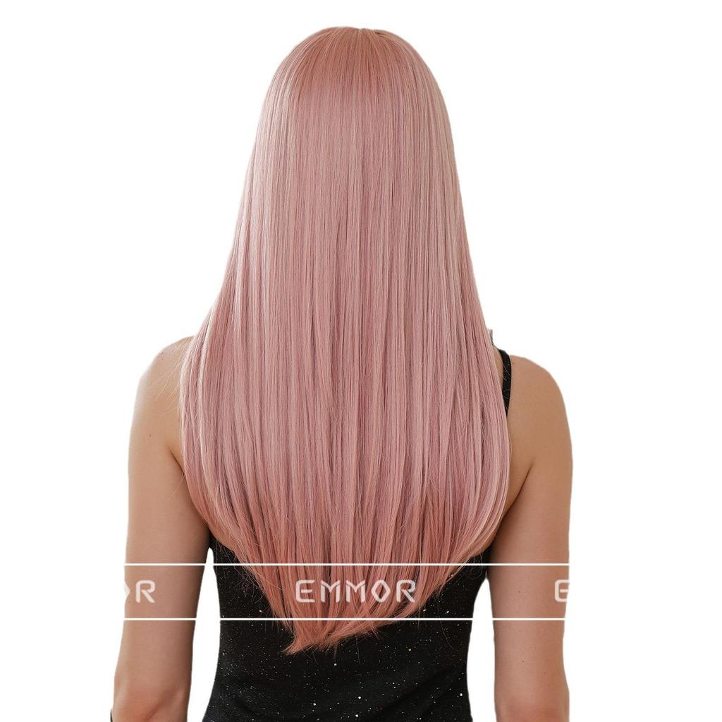 Perruque brune longue et lisse avec frange: Ensemble de tête complète de style européen et américain, à la mode et naturel