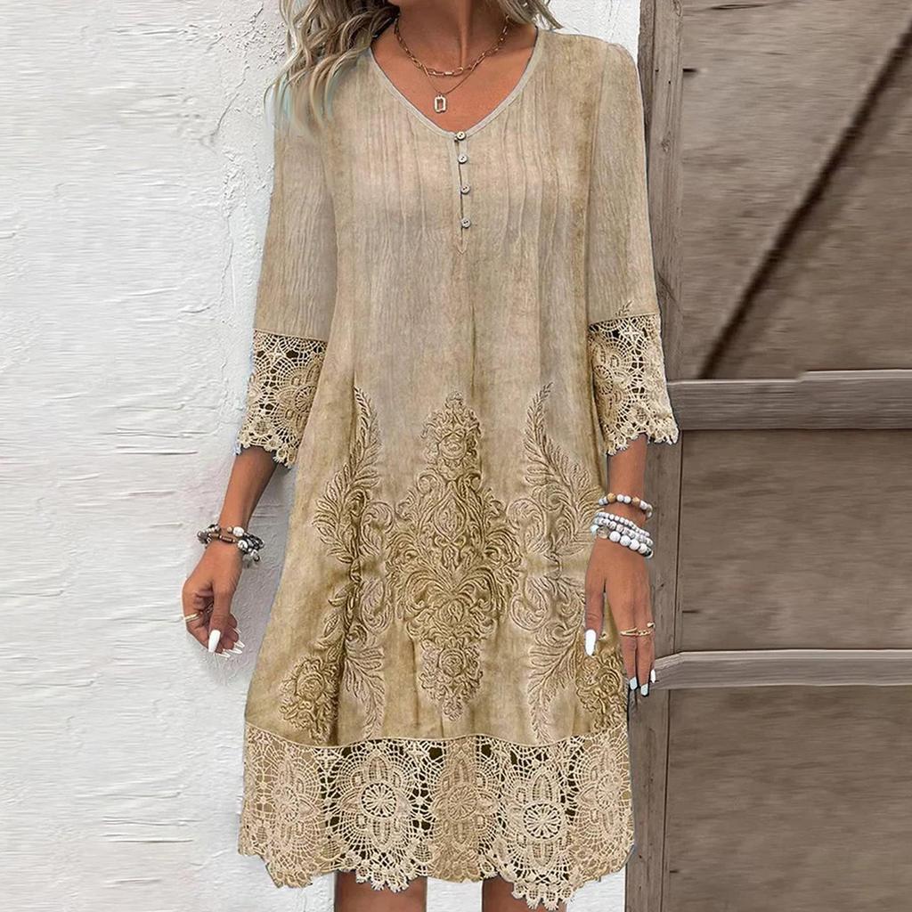 Neues einfarbiges Kleid Frühling Sommer Damenmode V-Ausschnitt Knopf Locker Büro Freizeitkleider Weiblich Urlaub Robe Femme