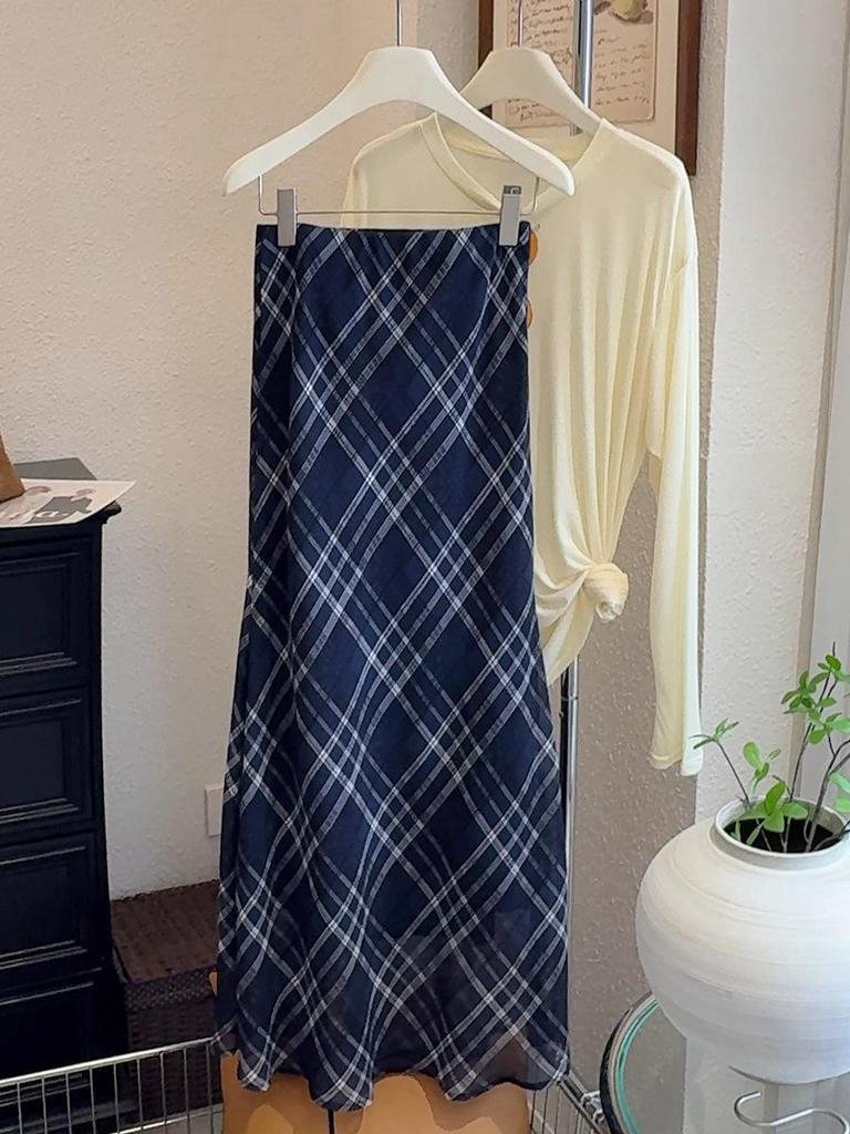 Women's Retro Blue Plaid Fishtail Skirt - Artistic Slimming Summer Style