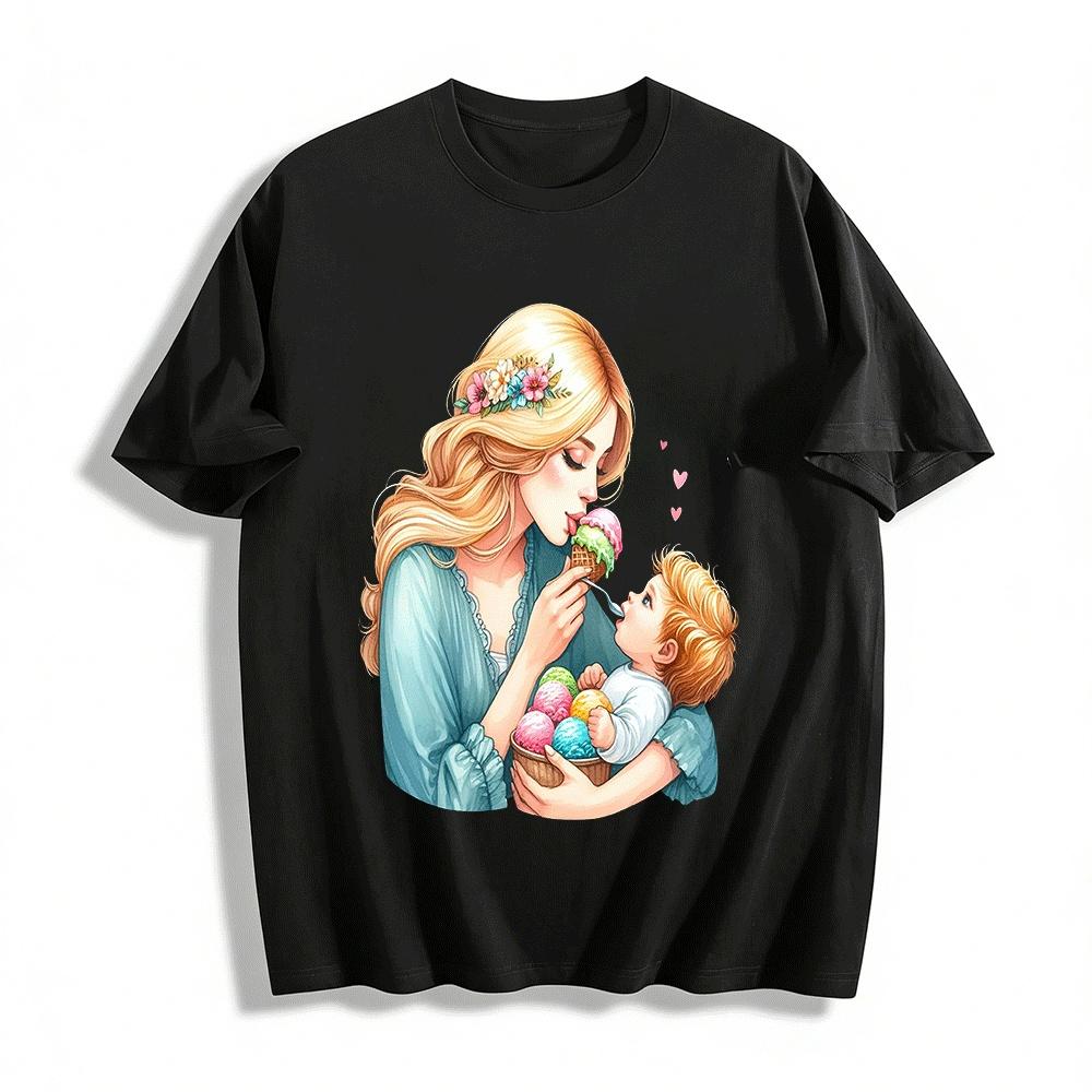 Mommy And Baby Ice Cream Sharing Graphic Casual Top Pure cotton T-shirt XXS