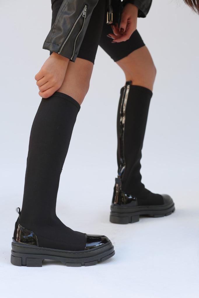 Women Modern Stylish Fashion Boots Boots Denissi Stretch Material Rubber Sole Black Lettered Color Boots