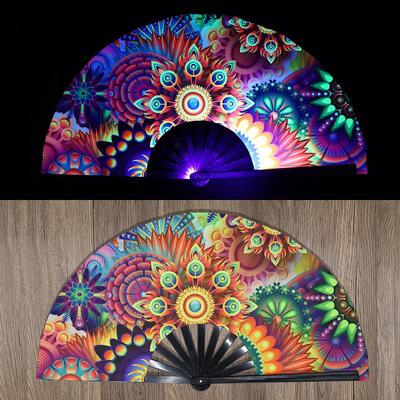 1PCS Chinese Kung Fu Fan UV Ink Printing Fluorescent Fan Bamboo Bone Folding Fan For Festival Dance Diso Party
