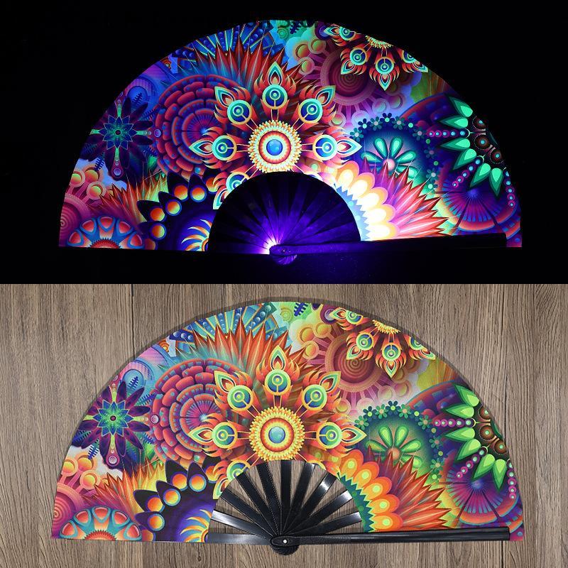 1PCS Chinese Kung Fu Fan UV Ink Printing Fluorescent Fan Bamboo Bone Folding Fan For Festival Dance Diso Party