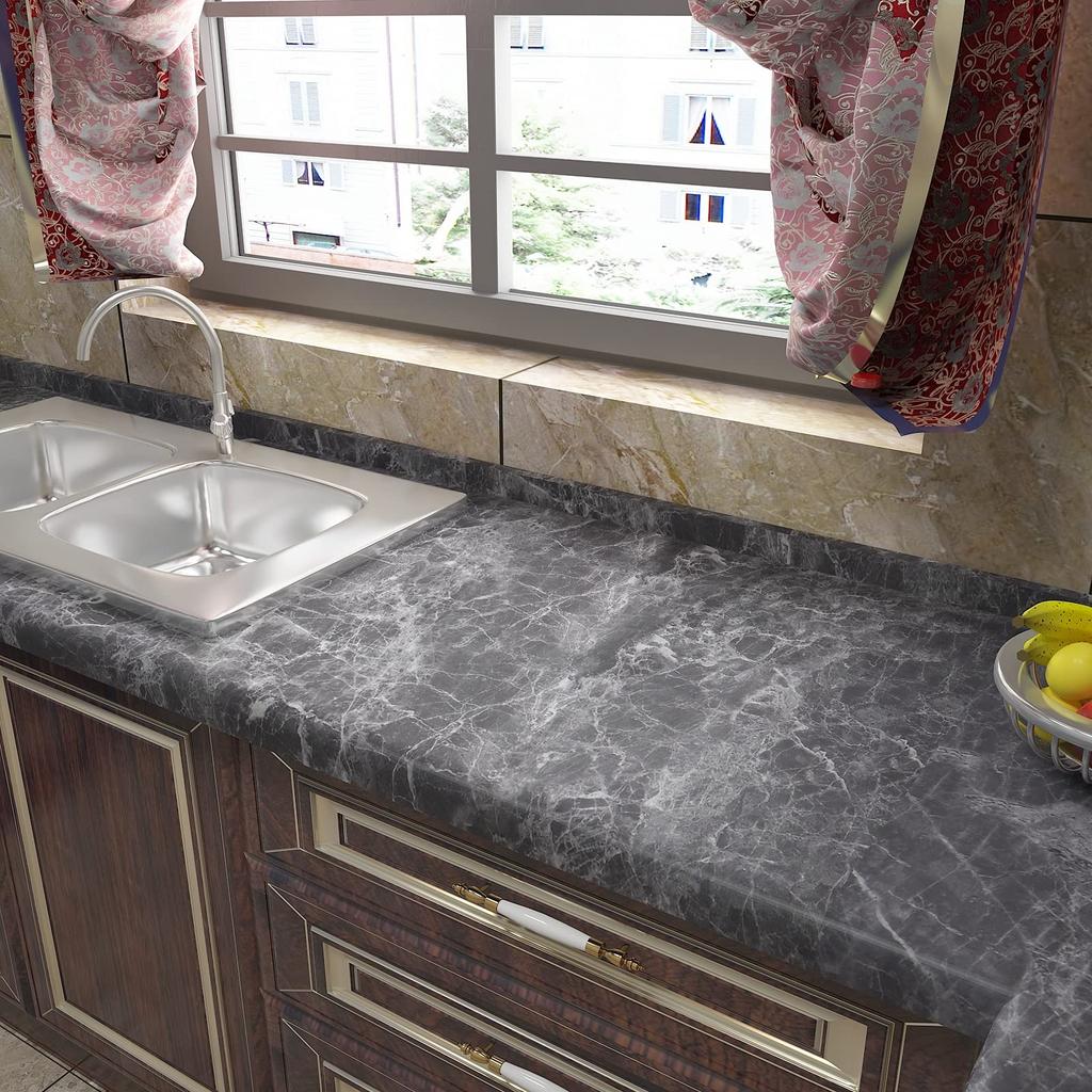 VEELIKE Marmor Tapetenaufkleber, Dick, Schwarz, Marmor-Look Tapete, Abziehbar, Schneidebogen, Innenraumfolie, Stein-Look, 40cm x 900cm, Einfache Anbringung