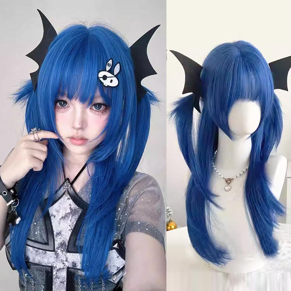 Synthetic Red Ombre Black Color Lolita Long Straight Wigs With Bangs Daily Party Cosplay Wig For Women