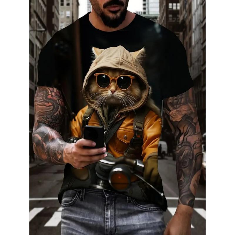 Summer Men's Breathable Outdoor T-shirt Short Sleeve Cartoon Cat Printed Pattern Large Size Loose Men's T-shirt Casual Classic