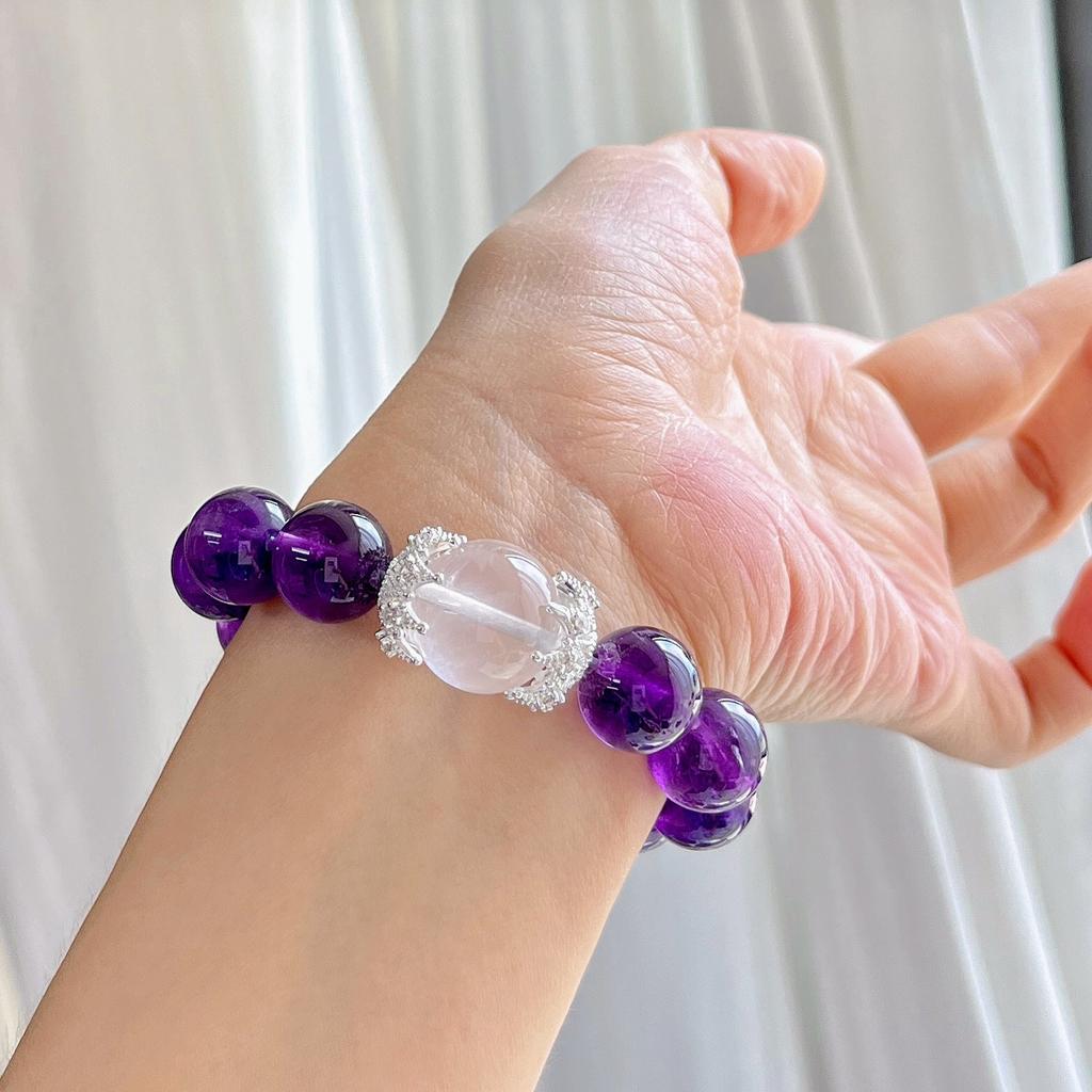 12Mm High Quality Royal Grape Purple Natural Amethyst Purple Lithium White Crystal Bracelet