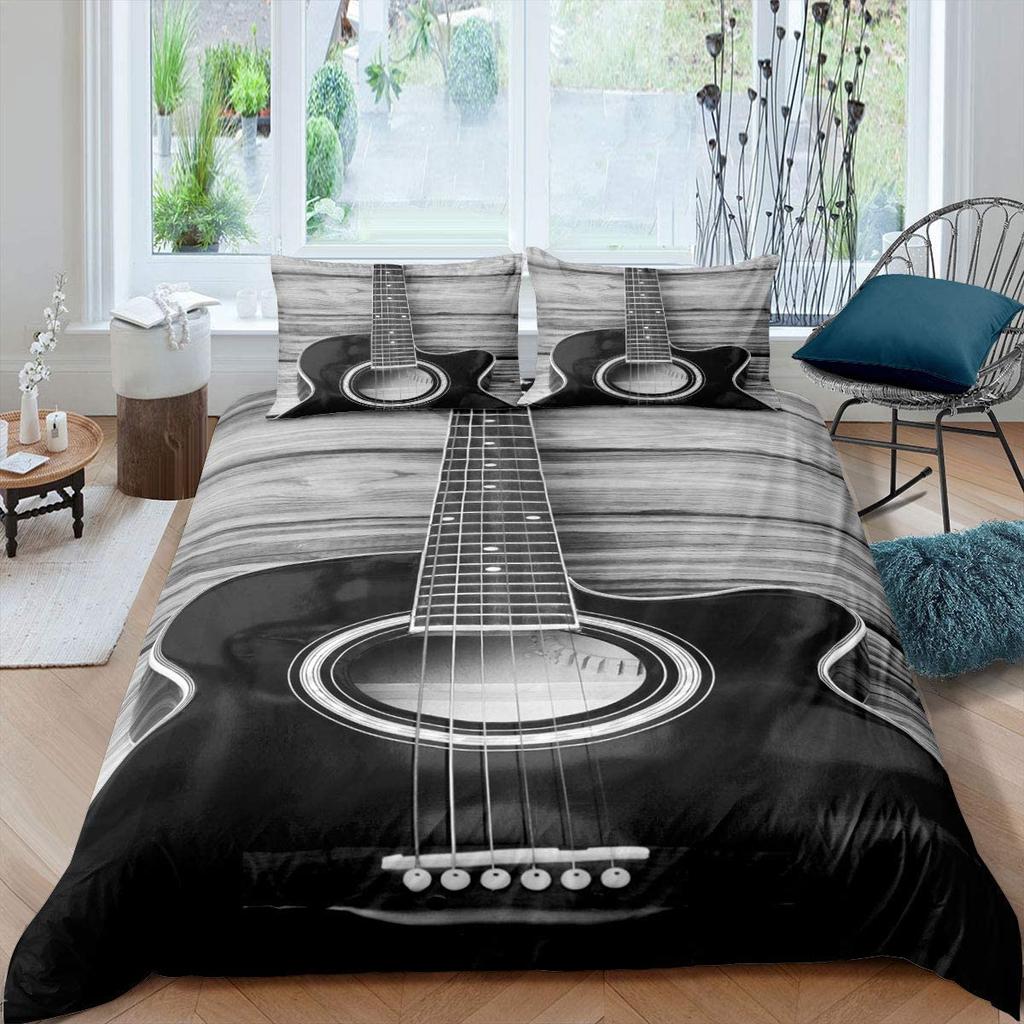 Guitar Duvet Cover Set King Queen Full Size Watercolour Style Polyester Comforter Cover For Kids Boys Girls Teens Bedding Set
