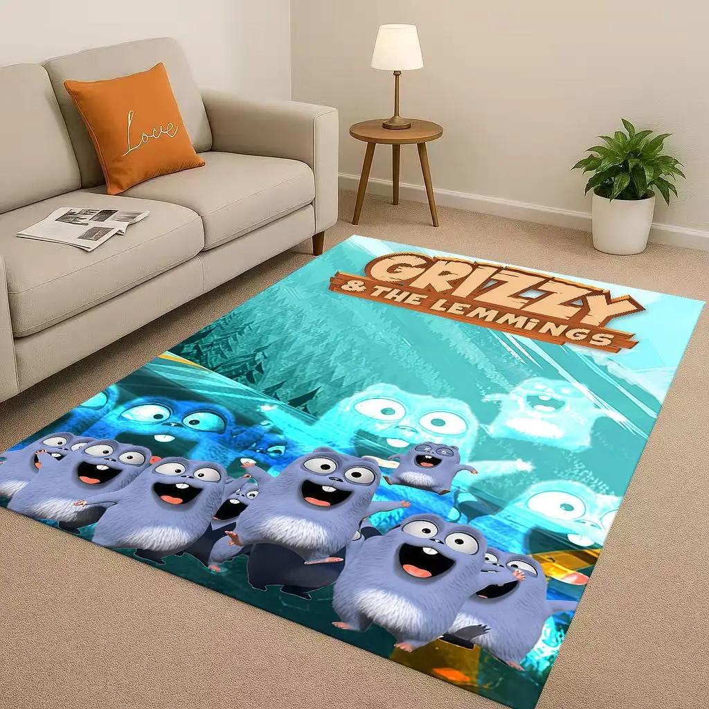 3D Kawaii Grizzy and The Lemmings Cartoon Living Room Non-Slip Area Rug Carpet for Bedroom Playroom Sofa,Home Doormat Gift Kid