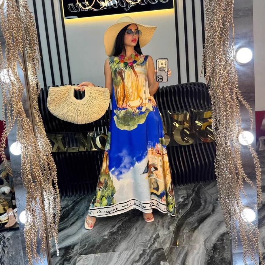 European and American Women's Clothing Summer New Fashion Loose Large Size Printing Suspender Casual Dress Long Dress