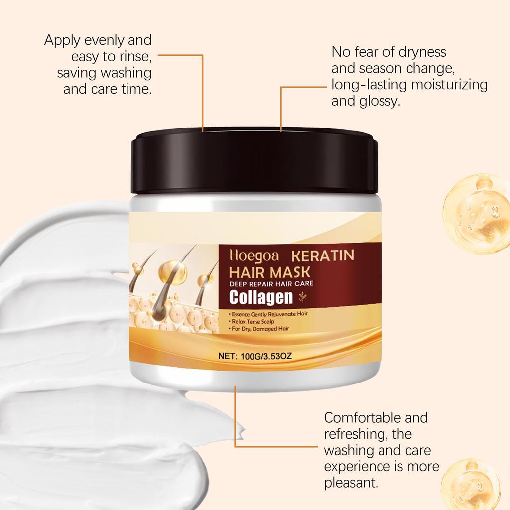 Hoegoa Keratin Repair Hair Mask, nourishes hair, smooth and tangle-free, lightweight and silky, naturally glossy hair mask, suitable for hair, 100g