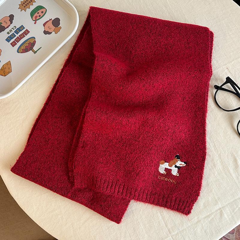 Falling Pool Knitwear: Women's Cute Puppy Embroidered Winter Scarf - Warm, Versatile Cartoon Neck Warmer