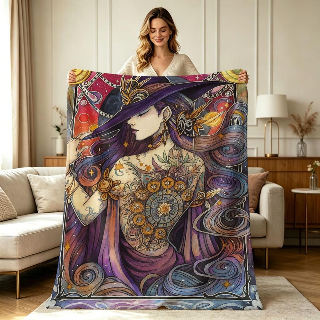 All Season Flannel Blanket with Mystical Witch Celestial Art Print Soft Warm Cozy Throw Blanket for Couch Sofa Living Room Bedroom Office Home Decorat