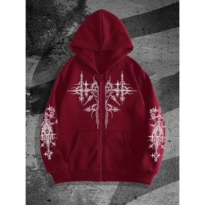 Men's Gothic Printed Hooded Trench Coat Jacket, Casual Zipper Hooded Sweatshirt with Geometric Pattern