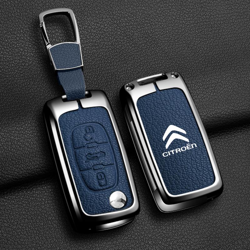 Custodia Protettiva Guscio Portachiavi Fob in Metallo e Pelle per Chiave a Flip per Auto Citroen C2 C3 C4 C5 C6 C8 Xsara Picasso Berlingo