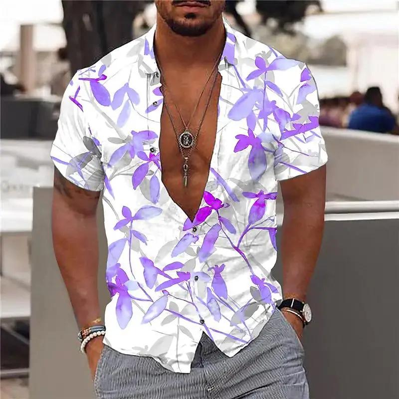 New Men's Maple Leaf Print Hawaiian Shirts V-neck Shirts Short Sleeve Button-down Tops Street Wear Men's Trend Clothing Summer New