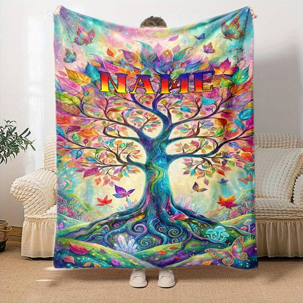 Colorful Tree Of Life Home Customize Your Name Blankets Soft Cozy Lightweight Allseason Multiuse Throw Perfect For Couch Office Bed Living Room Picnic