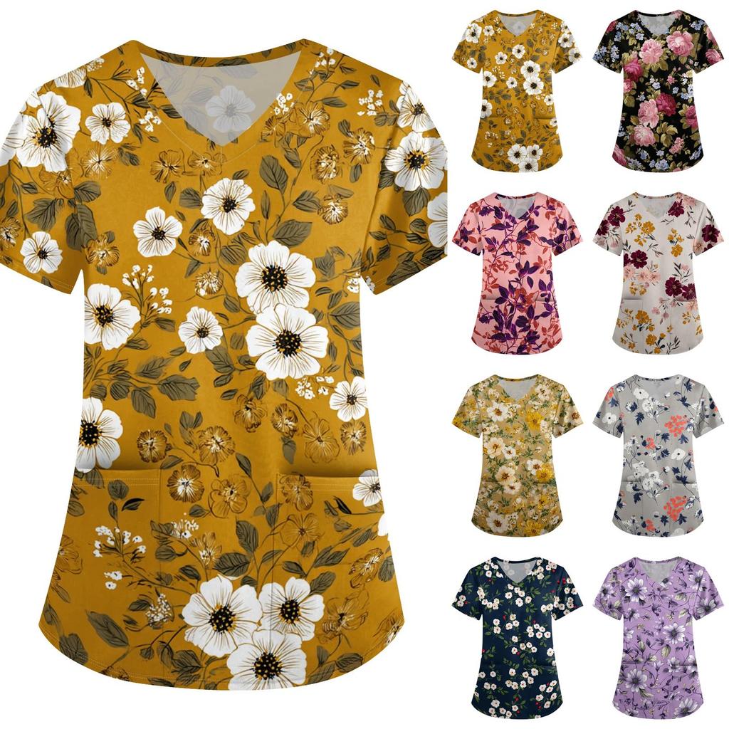 Top da Lavoro Stampato da Donna con Scollo a V, Vestibilità Larga, Manica Corta, con Tasca, Fantasia Floreale, Leggero, Camicia da Uniforme per Infermieri