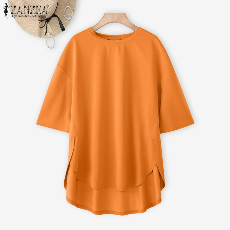ZANZEA T-shirts Casuais Femininas de Gola Redonda, Bainha Irregular Soltas de Manga Curta